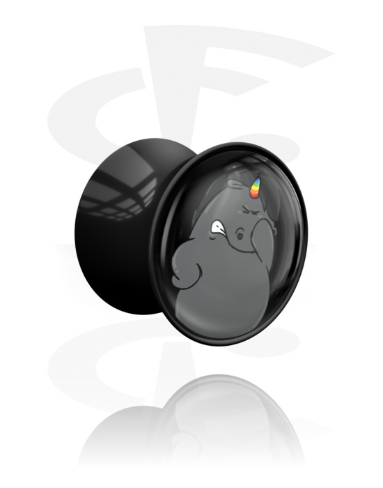 Túneis & Plugs, Double flared plug (acrílico, preto) com design grumpy unicorn , Acrílico