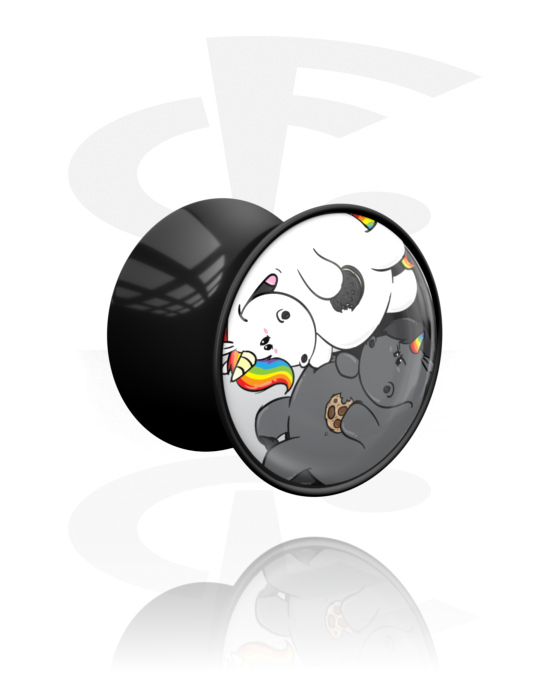 Tunnels & Plugs, Double flared plug (acrylic, black) with grumpy unicorn design, Acrylic
