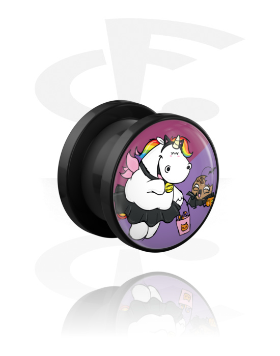 Tunneler & plugger, Skrutunnel (akryl, svart) med Chubby Unicorn Design, Akryl