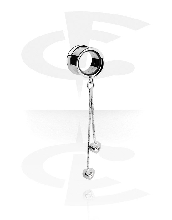 Tunnels & Plugs, Double flared tunnel (surgical steel, silver, shiny finish) with heart charm and crystal stones, Surgical Steel 316L, Plated Brass