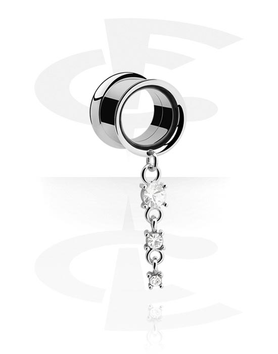Tunnels & Plugs, Double flared tunnel (surgical steel, silver, shiny finish) with charm and crystal stones, Surgical Steel 316L, Plated Brass