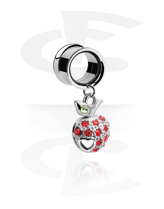 Tunnels & Plugs, Double flared tunnel (surgical steel, silver, shiny finish) with apple charm and crystal stones, Surgical Steel 316L, Plated Brass