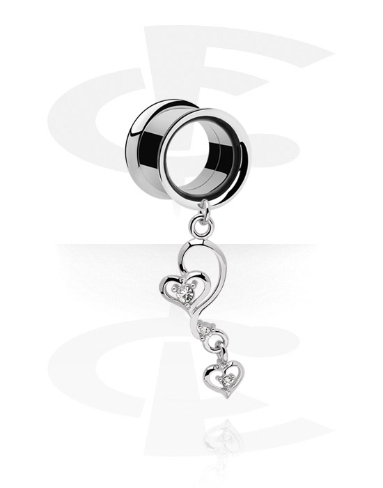Tunnels & Plugs, Double flared tunnel (surgical steel, silver, shiny finish) with heart charm and crystal stones, Surgical Steel 316L, Plated Brass