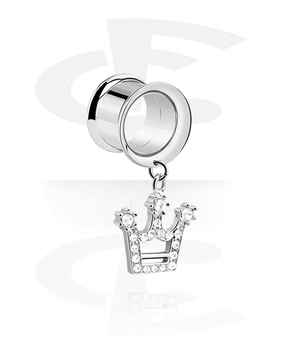 Tunnels & Plugs, Double flared tunnel (surgical steel, silver, shiny finish) with crown charm and crystal stones, Surgical Steel 316L, Plated Brass