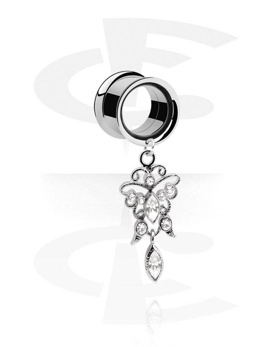Tunnels & Plugs, Double flared tunnel (surgical steel, silver, shiny finish) with pendant with crystal stones, Surgical Steel 316L, Plated Brass