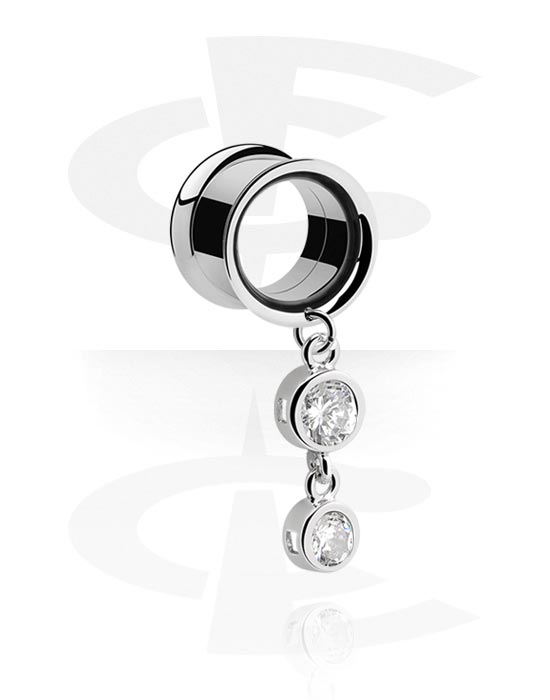 Tunnels & Plugs, Double flared tunnel (surgical steel, silver, shiny finish) with crystal stones, Surgical Steel 316L, Plated Brass