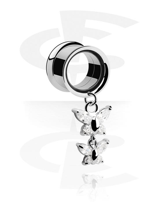 Tunnels & Plugs, Double flared tunnel (surgical steel, silver, shiny finish) with butterfly charm and crystal stones, Surgical Steel 316L, Plated Brass