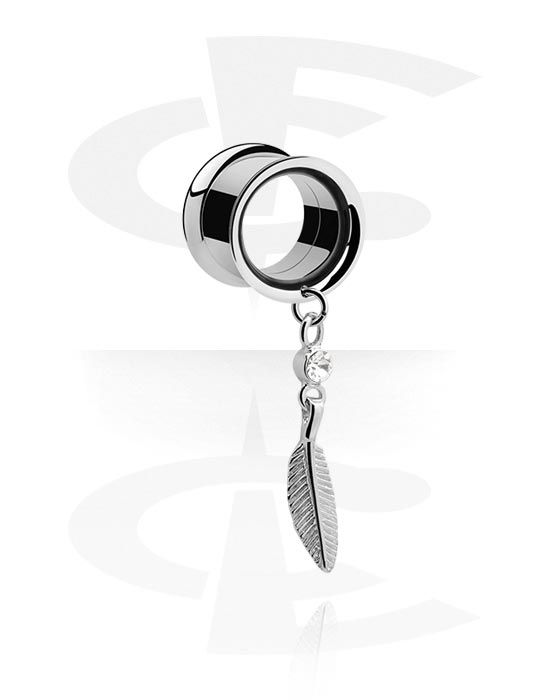 Tunnels & Plugs, Double flared tunnel (surgical steel, silver, shiny finish) with crystal stone and feather charm, Surgical Steel 316L, Plated Brass