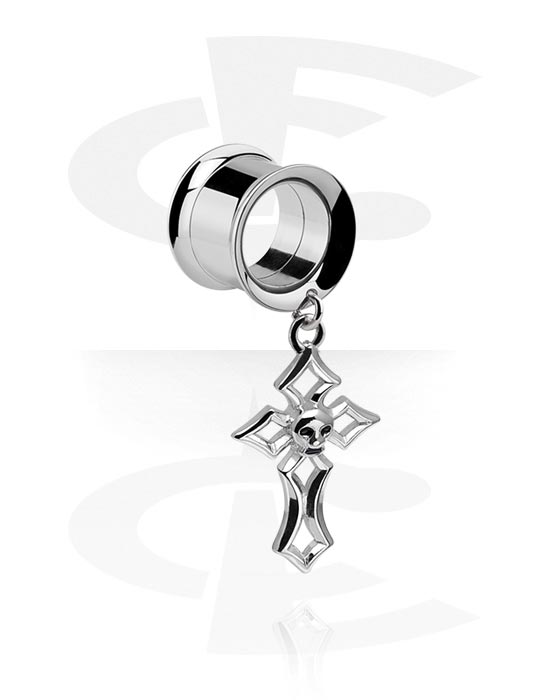 Tunnels & Plugs, Double flared tunnel (surgical steel, silver, shiny finish) with cross charm, Surgical Steel 316L, Plated Brass