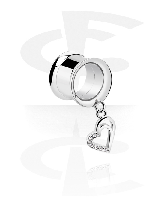 Tunnels & Plugs, Double flared tunnel (surgical steel, silver, shiny finish) with heart charm, Surgical Steel 316L, Plated Brass