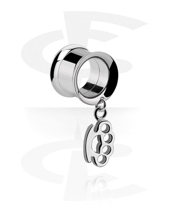 Tunnels & Plugs, Double flared tunnel (surgical steel, silver, shiny finish) with brass knuckles charm, Surgical Steel 316L, Plated Brass