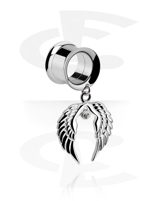 Tunnels & Plugs, Double flared tunnel (surgical steel, silver, shiny finish) with wing charm and crystal stone, Surgical Steel 316L, Plated Brass