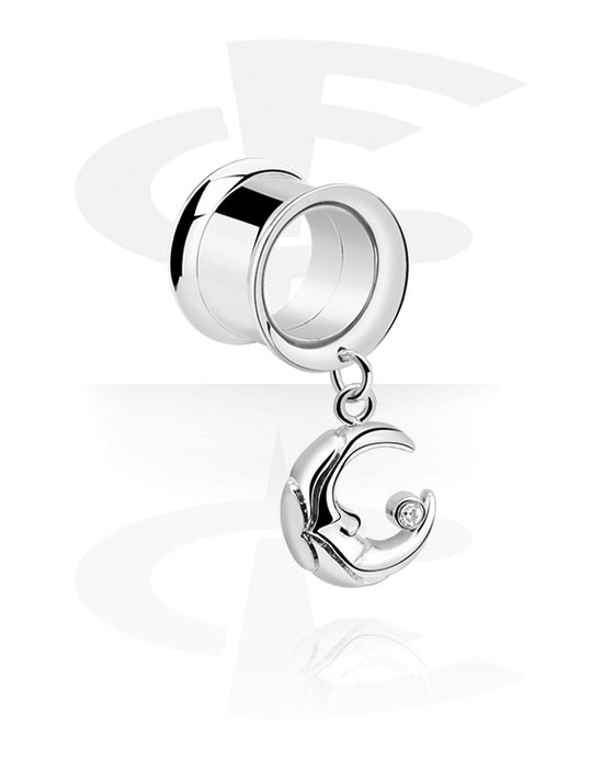 Tunnels & Plugs, Double flared tunnel (surgical steel, silver, shiny finish) with half moon charm and crystal stone, Surgical Steel 316L, Plated Brass