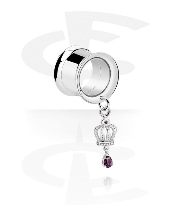 Tunnels & Plugs, Double flared tunnel (surgical steel, silver, shiny finish) with crown charm and crystal stone, Surgical Steel 316L, Plated Brass