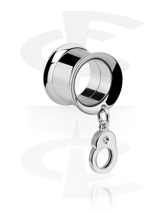 Tunnels & Plugs, Double flared tunnel (surgical steel, silver, shiny finish) with handcuff charm, Surgical Steel 316L, Plated Brass