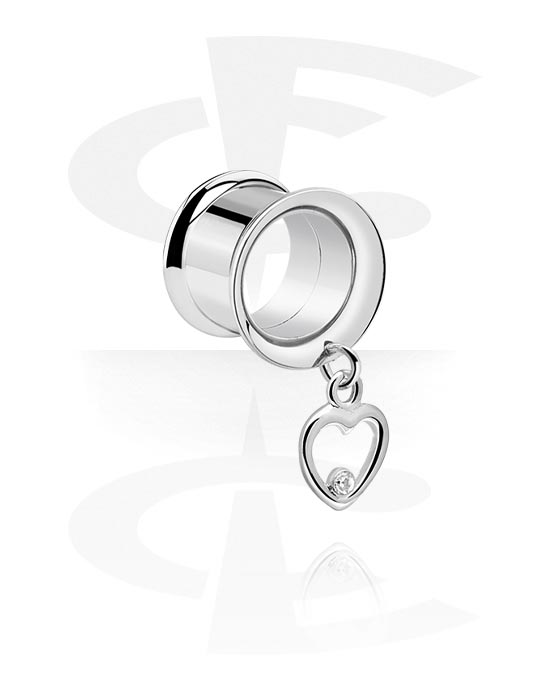 Tunnels & Plugs, Double flared tunnel (surgical steel, silver, shiny finish) with heart charm and crystal stone, Surgical Steel 316L, Plated Brass