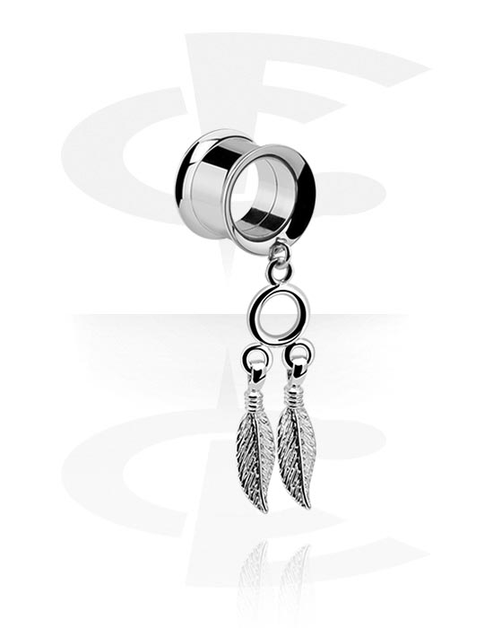 Tunnels & Plugs, Double flared tunnel (surgical steel, silver, shiny finish) with feather charm, Surgical Steel 316L, Plated Brass