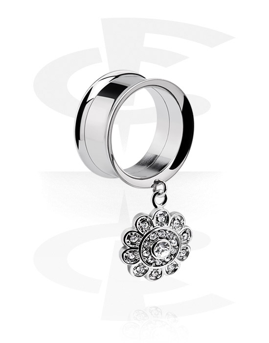 Tunnels & Plugs, Double flared tunnel (surgical steel, silver, shiny finish) with flower charm and crystal stones, Surgical Steel 316L, Plated Brass