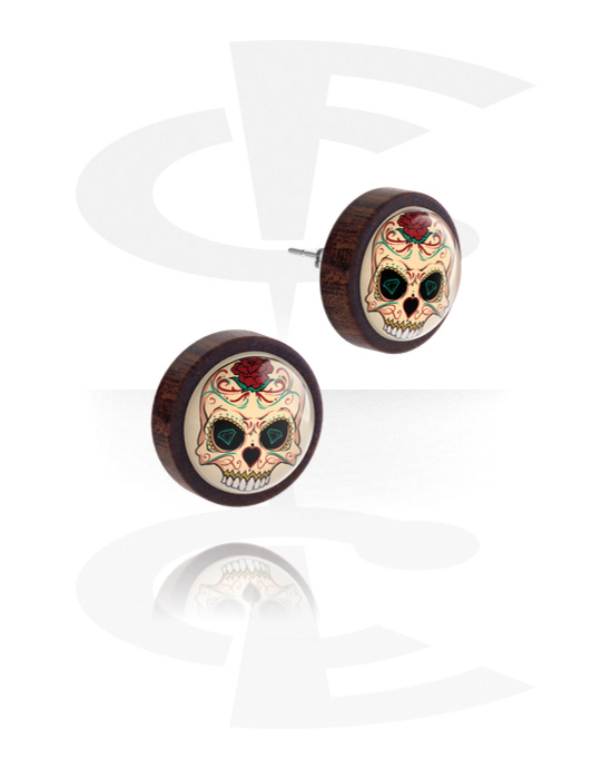 Earrings, Studs & Shields, Ear studs (wood) with colorful sugar skull "Dia de Los Muertos" design , Wood