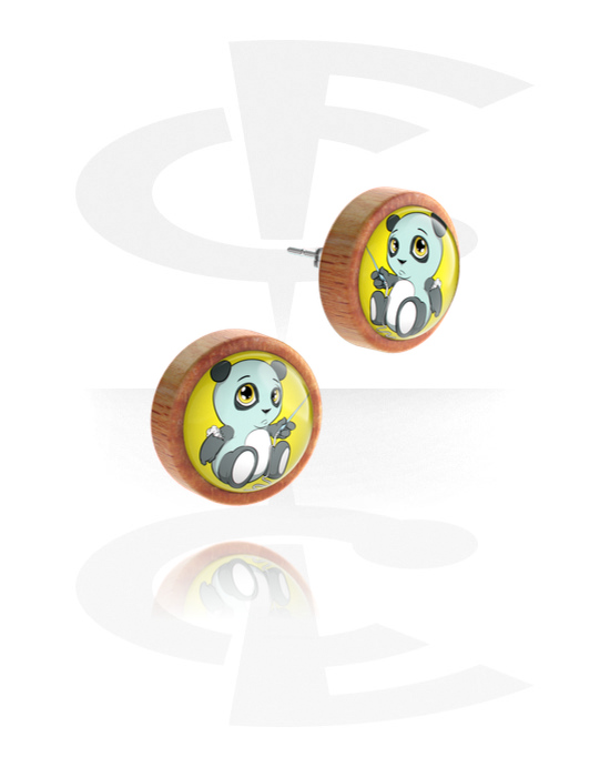 Earrings, Studs & Shields, Ear studs (wood) with motif "cute panda", Wood