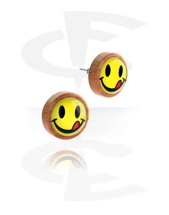 Brincos, Studs de orelha (madeira) com design smiley, Madeira
