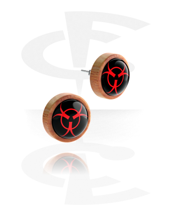 Earrings, Studs & Shields, Ear studs (wood) with symbol "Biological hazard", Wood