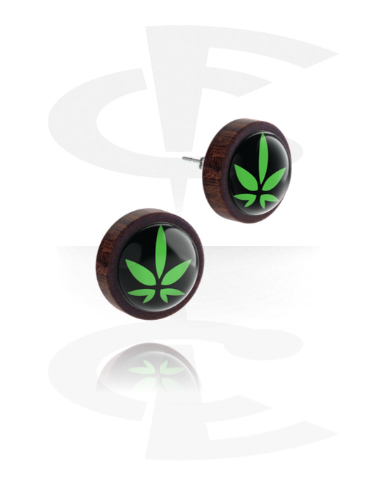 Earrings, Studs & Shields, Ear studs (wood) with Marijuana leaf, Wood