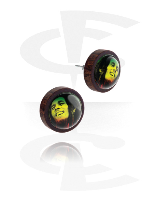 Earrings, Studs & Shields, Ear studs (wood) with motif "Bob Marley", Wood