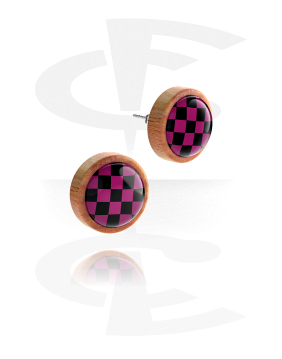 Earrings, Studs & Shields, Ear studs (wood) with checkered pattern, Wood