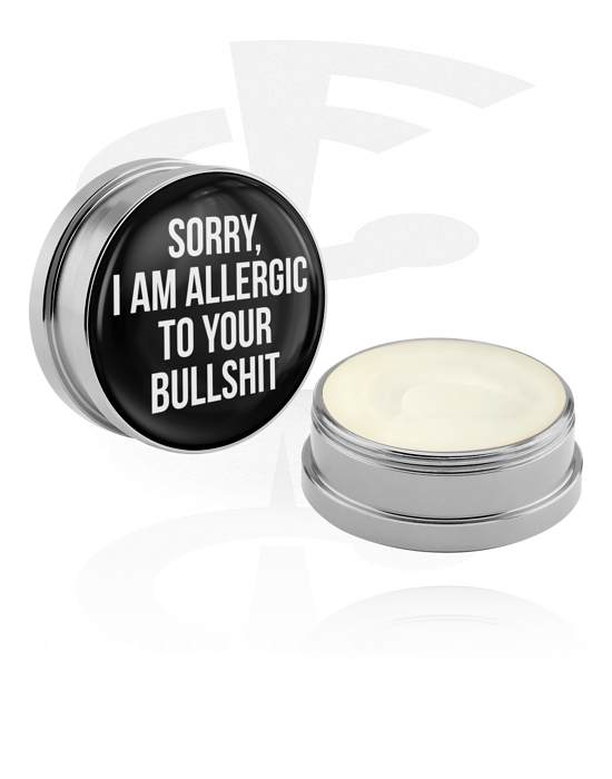 Cleansing and Care, Conditioning Creme and Deodorant for Piercings with "Sorry, I am allergic to your bullshit" lettering, Aluminium Container