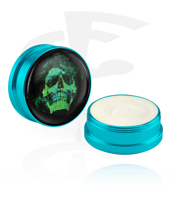 Cleansing and Care, Conditioning Creme and Deodorant for Piercings with skull design, Aluminium Container