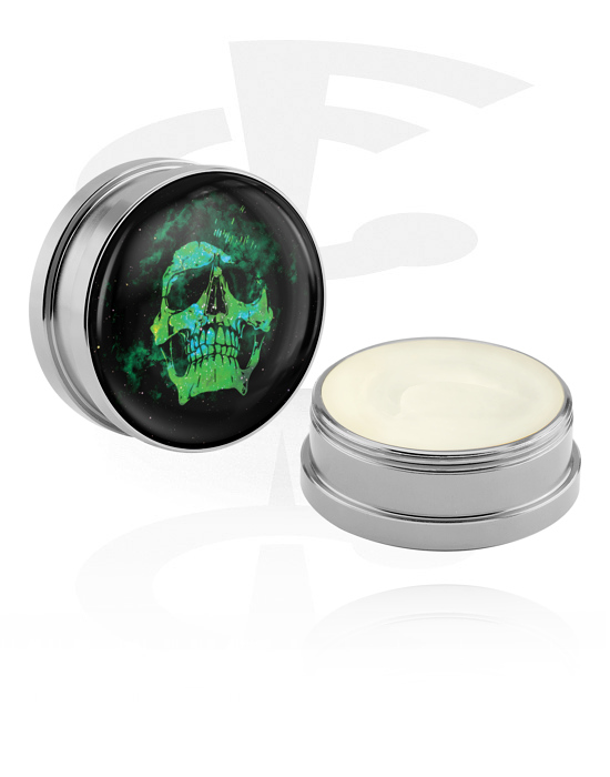 Cleansing and Care, Conditioning Creme and Deodorant for Piercings with skull design, Aluminium Container