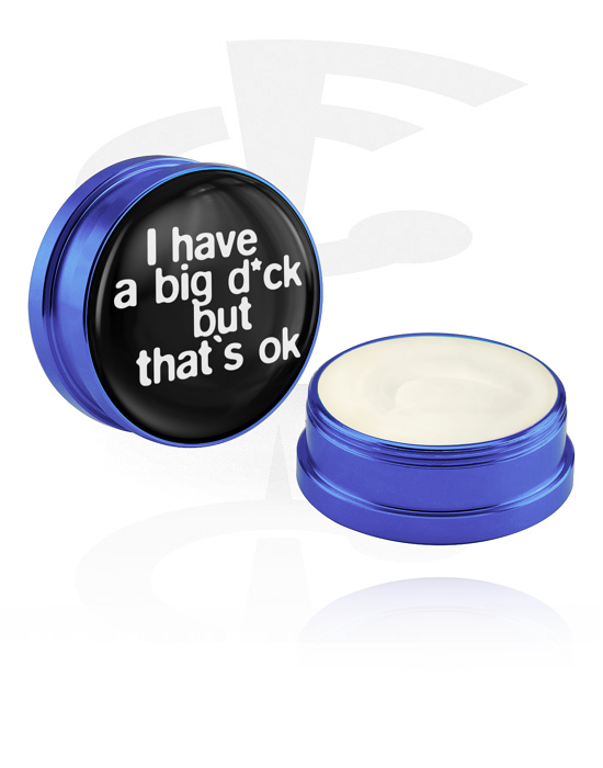 Cleansing and Care, Conditioning Creme and Deodorant for Piercings with "I have a big d*ck" lettering, Aluminium Container
