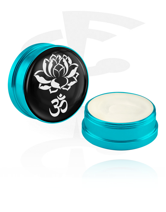 Reinigung und Pflege, Pflegecreme und Deodorant für Piercings mit Lotusblüten-Design und "Om"-Zeichen, Aluminium Behälter