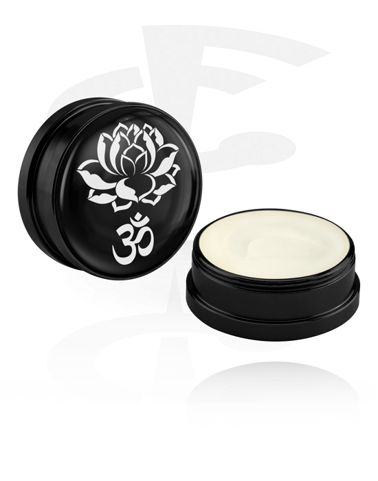 Reiniging en verzorging, Conditioning creme en deodorant voor piercings met lotusbloemmotief en ‘Om’-symbool, Aluminium container