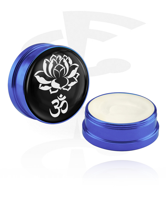Pulizia e cura, Crema balsamo e deodorante per piercing con design fiore di loto e simbolo "om", Contenitore in alluminio
