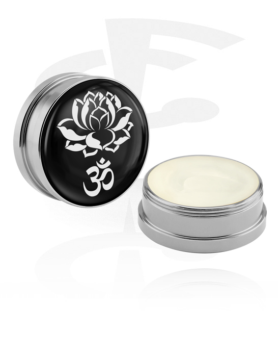 Cleansing and Care, Conditioning Creme and Deodorant for Piercings with lotus flower design and "Om" sign, Aluminium Container