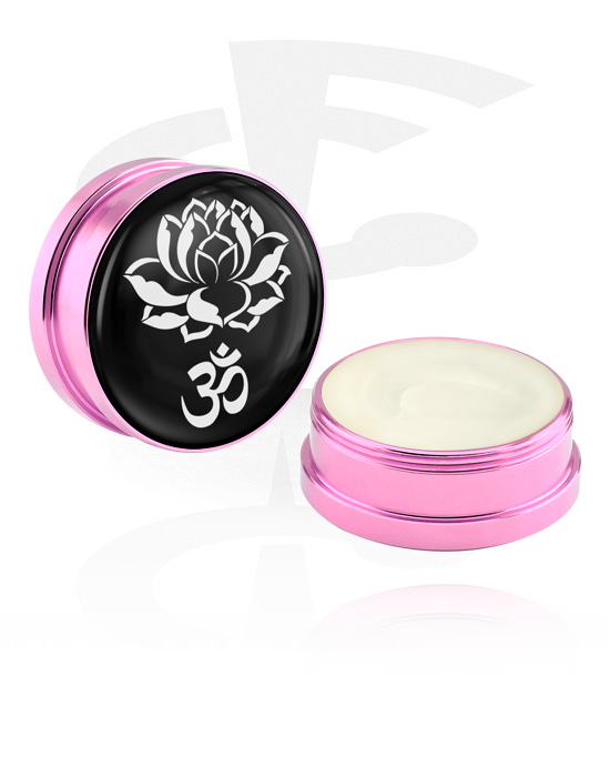 Reiniging en verzorging, Conditioning creme en deodorant voor piercings met lotusbloemmotief en ‘Om’-symbool, Aluminium container