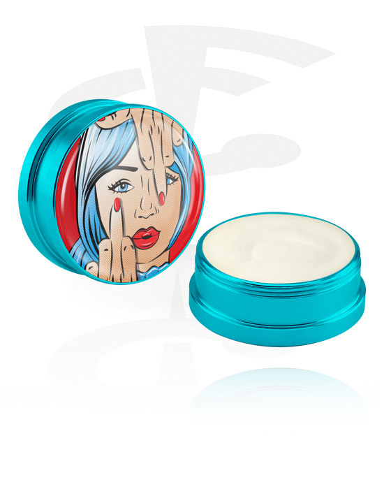 Reiniging en verzorging, Conditioning creme en deodorant voor piercings met stripmotief ‘ondeugende vrouw’, Aluminium container