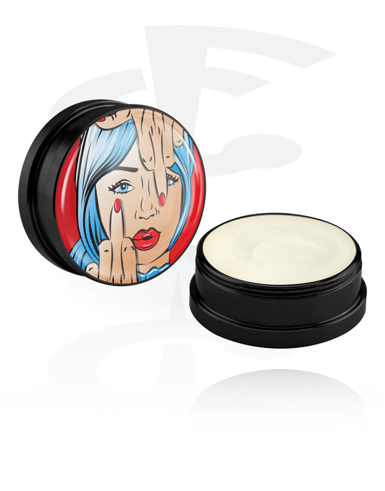 Reinigung und Pflege, Pflegecreme und Deodorant für Piercings mit Comic-Design "freche Frau", Aluminium Behälter