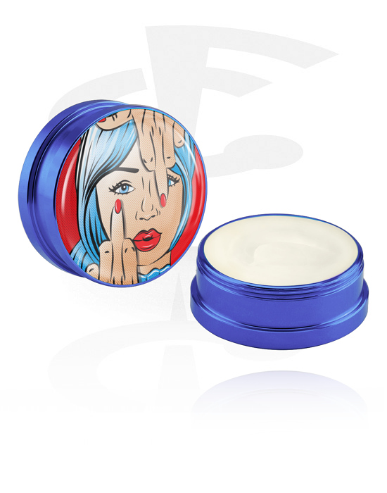 Rens og pleie, Balsamerende krem og deodorant for piercinger med tegneseriedesign "frekk dame", Aluminiumsbeholder