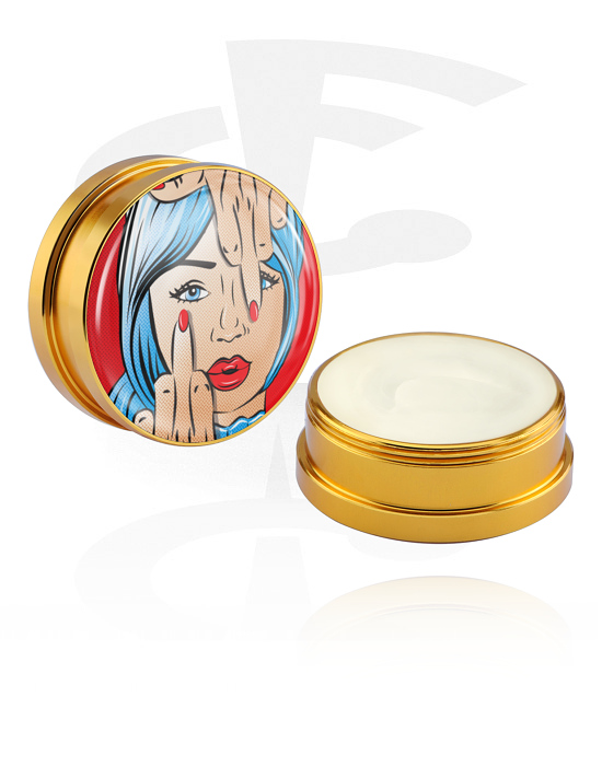 Reinigung und Pflege, Pflegecreme und Deodorant für Piercings mit Comic-Design "freche Frau", Aluminium Behälter