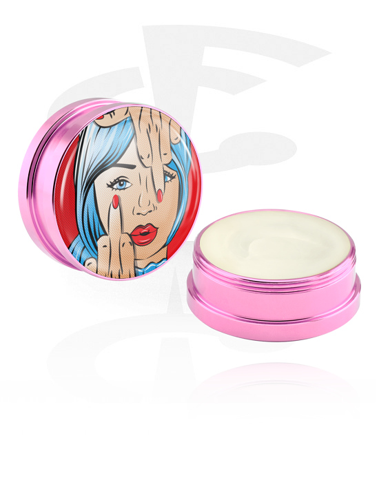 Reiniging en verzorging, Conditioning creme en deodorant voor piercings met stripmotief ‘ondeugende vrouw’, Aluminium container