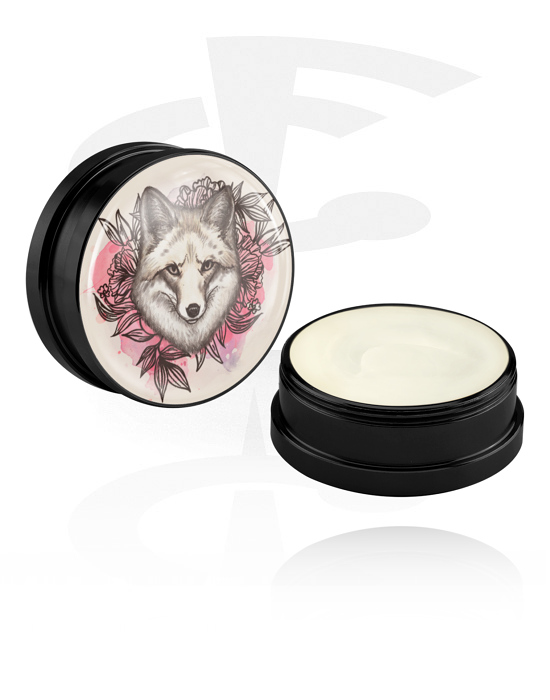 Reiniging en verzorging, Conditioning creme en deodorant voor piercings met motief ‘wolf en rozen’, Aluminium container