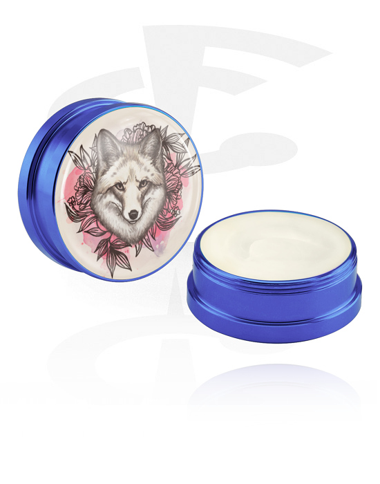 Reiniging en verzorging, Conditioning creme en deodorant voor piercings met motief ‘wolf en rozen’, Aluminium container