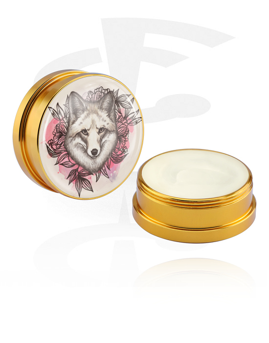 Limpieza y cuidado, Crema reparadora e hidratante para piercings con diseño "lobo y rosas", Envase de aluminio