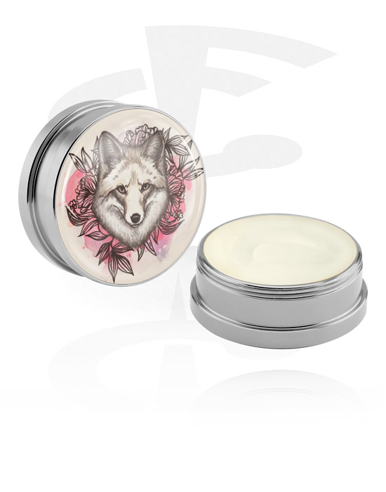 Cleansing and Care, Conditioning Creme and Deodorant for Piercings with motif "wolf and roses", Aluminium Container