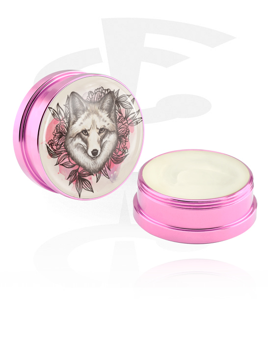 Reinigung und Pflege, Pflegecreme und Deodorant für Piercings mit Motiv "Wolf und Rosen", Aluminium Behälter