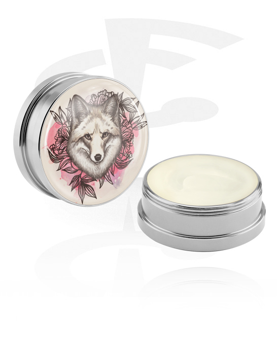 Reinigung und Pflege, Pflegecreme und Deodorant für Piercings mit Motiv "Wolf und Rosen", Aluminium Behälter