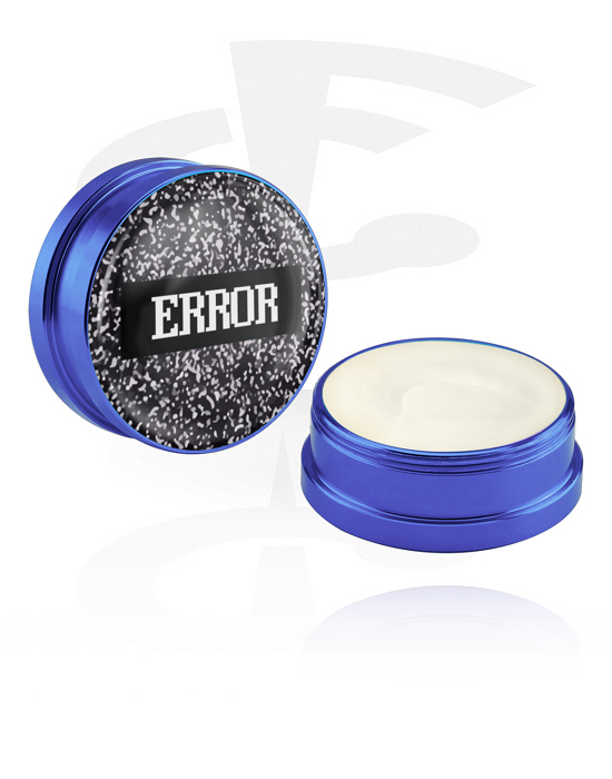Cleansing and Care, Conditioning Creme and Deodorant for Piercings with "Error" lettering, Aluminium Container